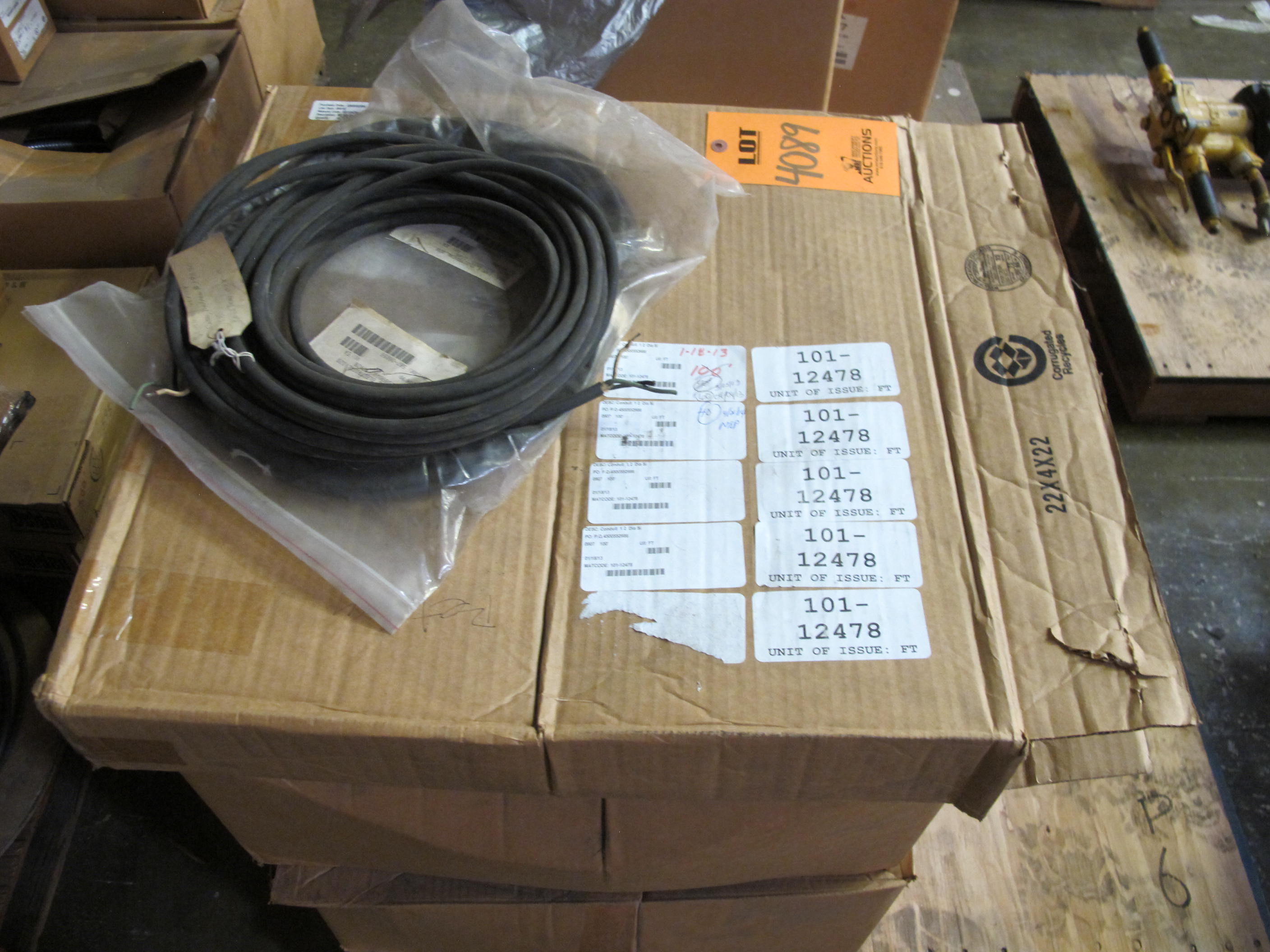LOT TO INCLUDE: (2) CABLES, ELECTRICAL TYPE, 120VAC RATING. ICI CUTTER REPLACEMENT TOOL, (2) CABLES, ELECTRICAL TYPE, 14 AWG SIZE, 600 V, 125 C RATING, SILICONE RUBBER INSULATING MATERIAL, 9 CONDUCTOR, SHIELDED KIND, (6) PIGTAILS, ELECTRICAL TYPE, COLLECTOR SHOE KIND, 8 FT LG SIZE. FOR UNIT 2/3 GANTRY CRANE, (1) CONDUIT, 1/2" DIA SIZE, LIQUID TIGHT FLEXIBLE KIND, GALV STL MATERIAL. TYPE TYPE EF, GRAY PCV COVERING 100' ROLLS. LOADING & HANDLING FEE $15-4089